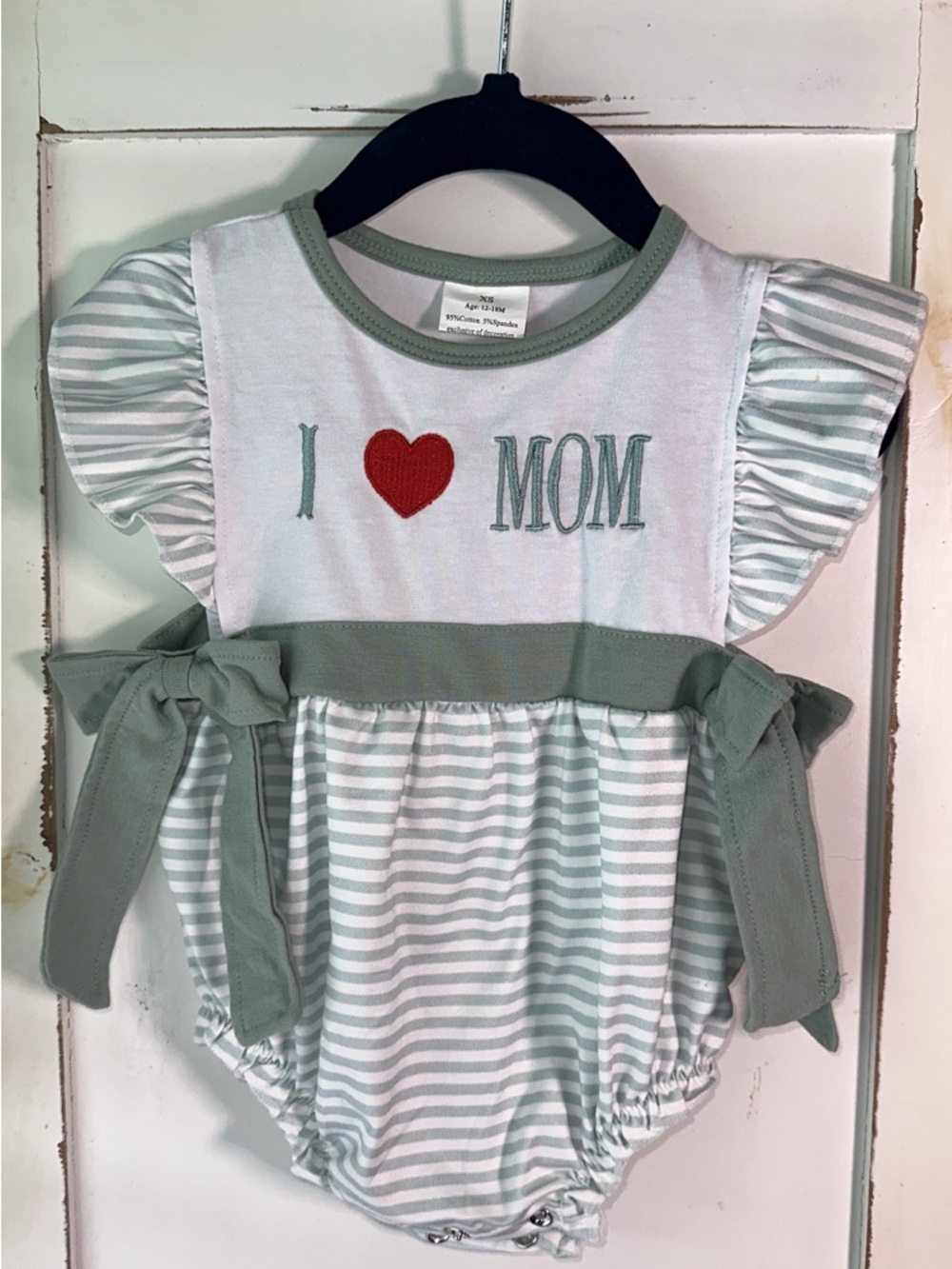 I ♥ MOM Baby Romper in Sage & White Stripes